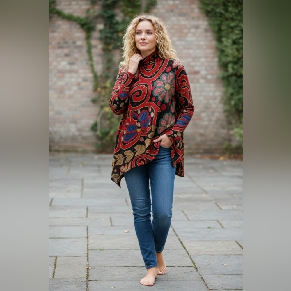 Boho Floral Print Asymetrical Eco Friendly Turtleneck